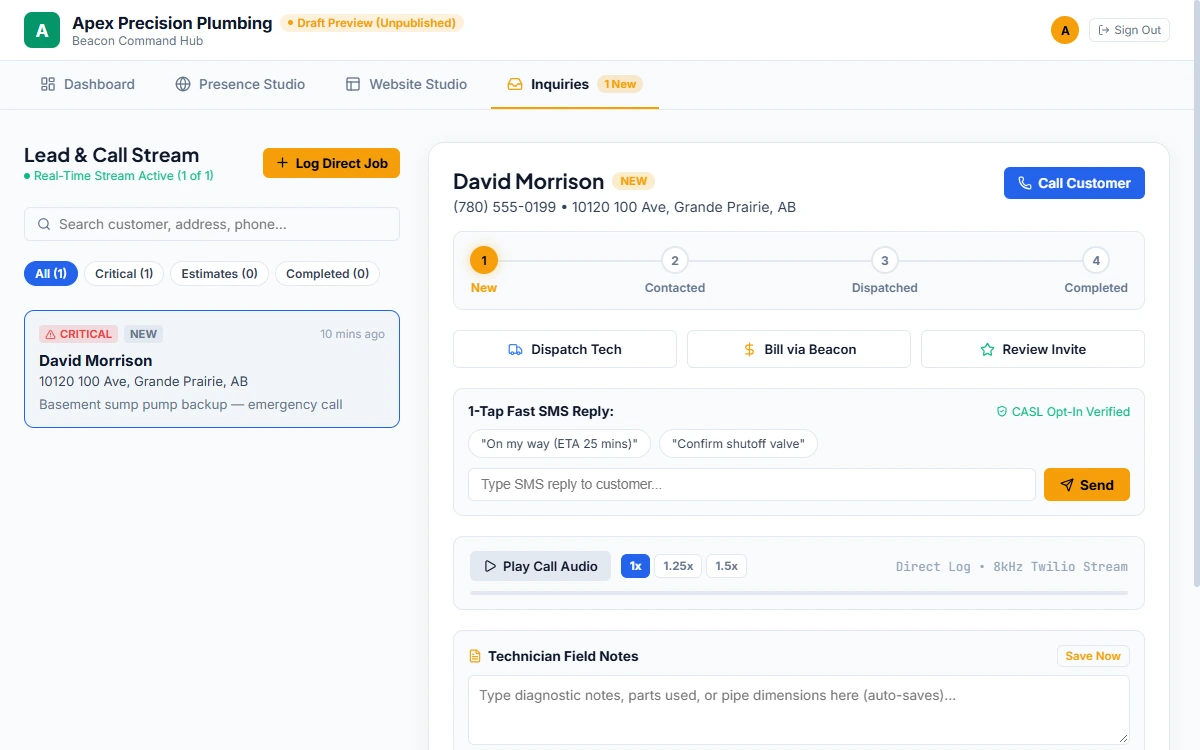 Pocket Command Hub showing real-time lead and call stream